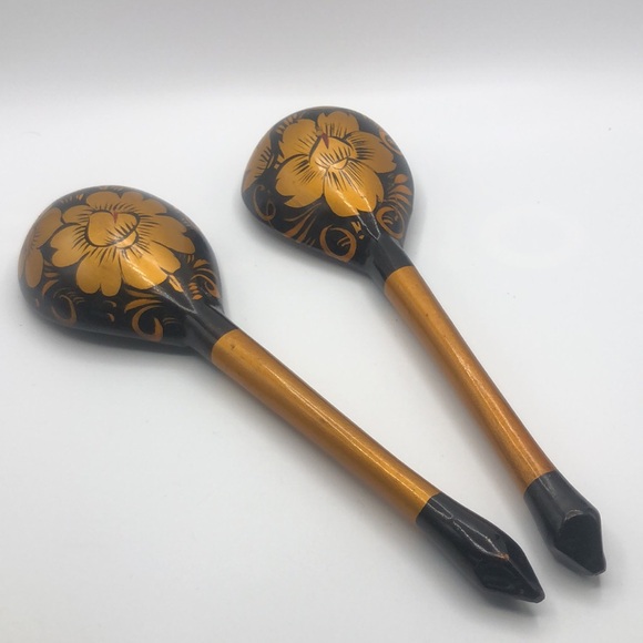 RUSSIAN KHOKHLOMA HAND PAINTED LACQUERED WOODEN 2 SPOONS - Picture 4 of 7